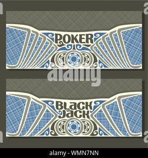 Vektor horizontale Banner für Black Jack und Poker: Spielkarten mit blauen Linien zurück für Glücksspiel Spiel Blackjack, Casino Chips und Karten auf Grau textu Stock Vektor