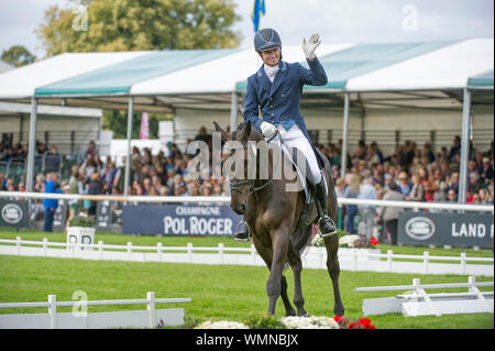 Stamford, Großbritannien. 05 Sep, 2019. Donnerstag, den 5. September 2019. Land Rover Burghley Horse Trials, Stamford, Lincolnshire, Großbritannien. Dressage phase Tag 1 der 4. Francis Whittington (GBR) Reiten Evento Credit: Julie Priestley/Alamy leben Nachrichten Stockfoto