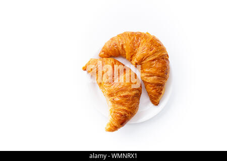 Ansicht von oben flatlay mit zwei frischen Croissants. Morgen Mahlzeit Konzept. Weißer Hintergrund Stockfoto