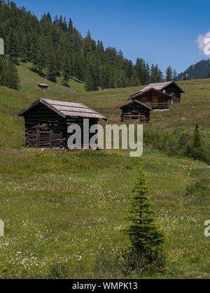 Scheunen auf eine Almwiese auf tschey Wiesen, Pfunds, Oberinntal, Tirol, Österreich Stockfoto