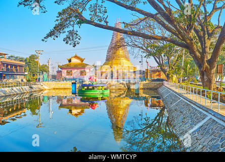 Die malerische Lotus Brunnen vor der vergoldeten Shwe Baww Di Pagode, Nyaungshwe, Myanmar Stockfoto