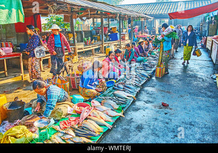 NYAUNGSHWE, MYANMAR - 20. FEBRUAR 2018: Die Fische im Abschnitt Mingalar Food Market, in touristische Dorf auf dem Inle See, am 20. Februar in Nyaungsh Stockfoto