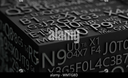 3D-Darstellung von Zahlen und Buchstaben in schwarz.Programmierung und Datensicherheit.Geheimcode- und Passwortkonzept. Stockfoto