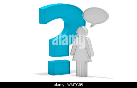 Konzept von Feminismus und Gleichheit zwischen Männern und Frauen. Fragen und Zweifel der Frauen.3d-Illustration.Fragezeichen.Mann und Frau Symbol oder Symbol Stockfoto