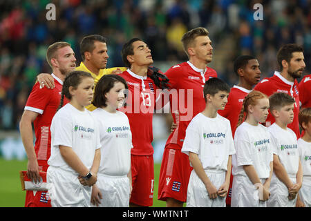 Belfast, Nordirland. 5. September 2019; Windsor Road, Belfast, County Antrim, Nordirland; Internationale Freundlich, Nordirland gegen Luxemburg, Luxemburg Spieler während der Nationalhymne - redaktionelle Verwendung. Credit: Aktion Plus Sport Bilder/Alamy leben Nachrichten Stockfoto