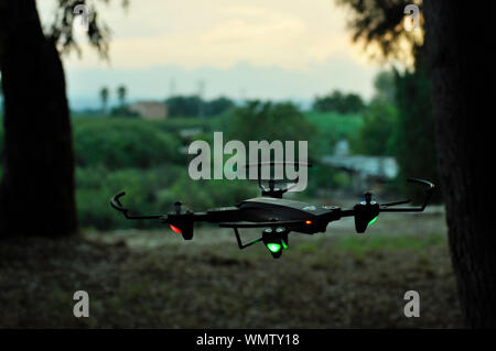 Mix aus Technik und Natur. Die Drone in den Wald fliegen. Natürlichen Raum. Stockfoto