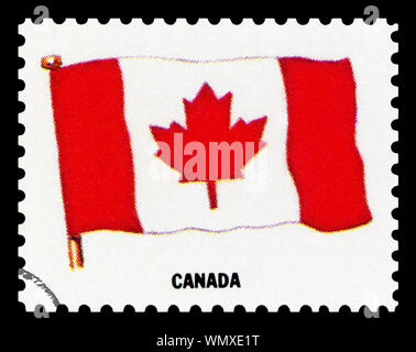 Kanada Flagge - Briefmarke isoliert auf schwarzen Hintergrund. Stockfoto