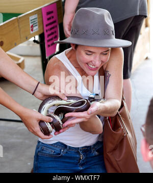 Lächelnd kaukasische Frau in Hut und Tank Top akzeptiert eine Kalifornien kingsnake zu ihr am 2019 Arts Alive Festival angeboten. Corpus Christi, Texas USA. Stockfoto