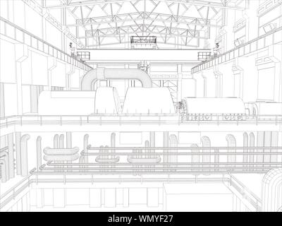 Portalkran in einer Fabrikumgebung. Wire-frame Stock Vektor