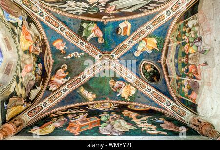 Dome und Wände mit Fresken von Jesu Geschichte, Cappella di Uguggione auch Cappella Contrari, C. 1425, Rocca di Vignola, Vignola, Provinz von Modena Stockfoto