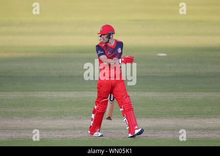 CHESTER LE STREET, ENGLAND SEPT 4. Liam Livingstone von Lancashire Blitz während der Vitalität Blast T20 Match zwischen Lancashire und Essex im Emirates Riverside, Chester Le Street am Mittwoch, 4. September 2019. (Credit: Mark Fletcher | MI Nachrichten) Stockfoto