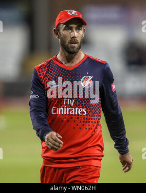 CHESTER LE STREET, ENGLAND SEPT 4TH Glenn Maxwell von Lancashire Blitz während der Vitalität Blast T20 Match zwischen Lancashire und Essex im Emirates Riverside, Chester Le Street am Mittwoch, 4. September 2019. (Credit: Mark Fletcher | MI Nachrichten) Stockfoto