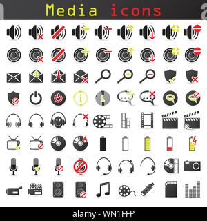 Schwarz und Farbe Symbol Medien eingestellt Stock Vektor