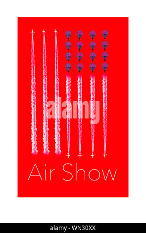 Hier ist ein Air Show Poster mit Jet Dampf Linien und Heißluftballons in der Form eines USA-Flagge. Stockfoto