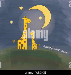 Mutter-Giraffe und Baby-Giraffe in der Nacht Stock Vektor
