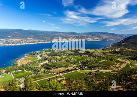 Blick auf landwirtschaftliche Felder, Weinberge und den Okanagan Lake von Riesen Kopf Berg in Summerland, Okanagan Valley, British Columbia, Kanada. Stockfoto