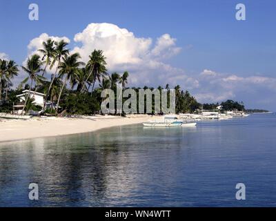 Palmen am Sandstrand am Meer mit Boote auf dem Gewässer unter einem blauen Himmel Stockfoto