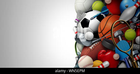 Sportgeräte Hintergrund mit einem Fußball Basketball Baseball Fussball Tennis und Golf ball Tischtennis Tennis hockey puck als gesund. Stockfoto