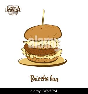 Farbige Zeichnung von Brioche Brötchen Brot. Vector Illustration von Hefe Brot, süße Brötchen essen, in der Regel in Frankreich bekannt. Farbige Brot Skizzen. Stock Vektor