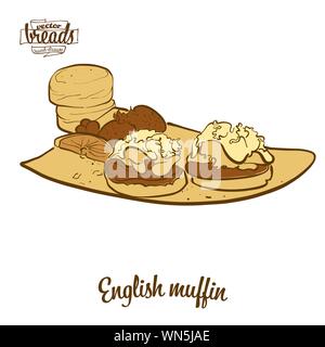 Farbige Zeichnung der Englische Muffins Brot. Vector Illustration von Hefe Brot essen, in der Regel in Großbritannien bekannt. Farbige Brot Skizzen. Stock Vektor