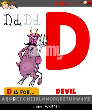 Pädagogische Cartoon Illustration von Buchstabe D von Alphabet mit Comic Teufel für Kinder Stock Vektor