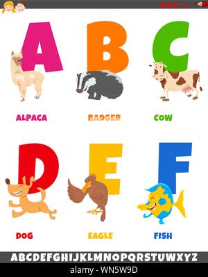 Cartoon Illustration von bunten Alphabet Set aus Buchstaben A bis F mit glücklichen Tier Zeichen Stock Vektor