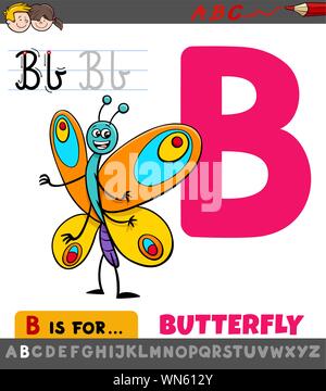 Pädagogische Cartoon Illustration von Buchstabe B von Alphabet mit Schmetterling für Kinder Stock Vektor