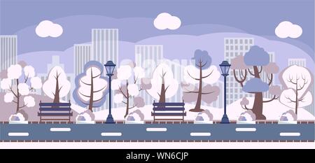 Winter Park panorama Hintergrund Abbildung. Verschneite Stadt, Public Garden, Quadrat, Flächeninhalt Stock Vektor