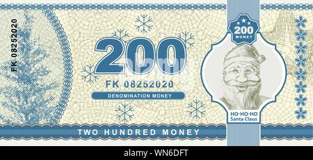 Vektor geld Banknoten Abbildung mit Portrait von Santa Claus. Staatliche Währung. Rückseite von Geldscheinen. Gefälschtes Geld. Zweihundert Geld. Stock Vektor