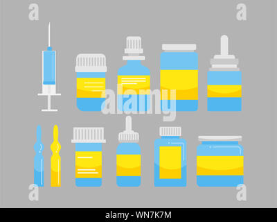 Gruppe von Medizin weiß blau gelb Flaschen und Spritze, Apotheke, Krankenhaus eingestellt von Drogen mit Etiketten. Medikamente, Pharmazie medizinischen Co Stockfoto