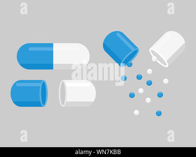 Gruppe von Medizin weiß blaue Pillen, Apotheke, Tablette, Kapsel, Krankenhaus eingestellt von Drogen mit Etiketten. Medikamente, Pharmazie medizinischen Konzept Stockfoto