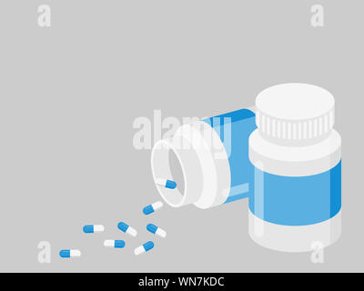 Gruppe von Medizin weiß blaue Pillen und Flaschen, Apotheke, Tablette, Kapsel, Krankenhaus eingestellt von Drogen mit Etiketten. Medikamente, Pharmazie Medizin Gesundheit Stockfoto