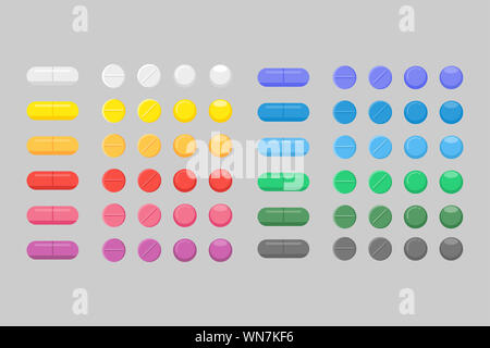 Aus mehreren bunten Medizin, Pharmazie, Tablette, Kapsel, Krankenhaus eingestellt von Drogen mit Etiketten. Medikamente, Pharmazie medizinischen Konzept. Stockfoto