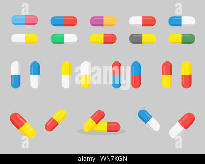 Aus mehreren bunten Medizin, Pharmazie, Tablette, Kapsel, Krankenhaus eingestellt von Drogen mit Etiketten. Medikamente, Pharmazie medizinischen Konzept. Stockfoto