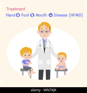 Behandlung, Kinder infiziert, Baby und Kind einen Hand Mund Fuss Krankheit, Medical Health Care Concept, Patient, Arzt, Cartoon characte zu sehen Stockfoto