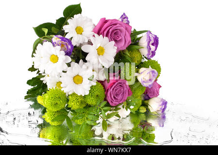 Blumenstrauß aus Rosen Blumen, weißen Chrysanthemen, dasies, grüne Blätter auf Spiegel mit verschüttetem Wasser tropfen Hintergrund isoliert, spase kopieren Stockfoto