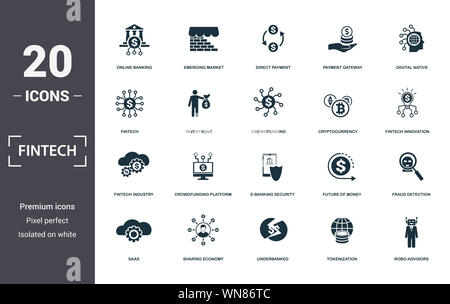 Fintech eingestellt icons Collection. Enthält einfache Elemente wie Online Banking, Emerging Market, Direktzahlung, Digital Native, Crowdfunding Plattform Stockfoto