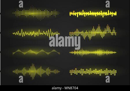 Schallwellen Icon Set. Leuchtende Linien der Darstellung eine Ton- oder Radio wave, Musik Equalizer oder digitale Elektrokardiogramm, GUI-Design element Vorlage. Isoliert Stock Vektor