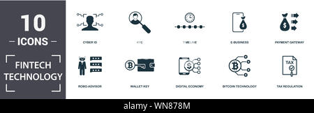 Fintech Technologie Icon Set. Gefüllt Flachbild robo-Berater, Steuer- Verordnung, Kyc, Payment Gateway, digitale Wirtschaft, e-business Icons. Bearbeitbar Stockfoto