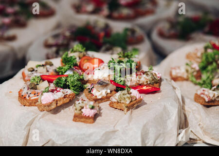 Köstliche Snacks Sandwiches auf die Platte. Close-up von leckeren frischen und gesunden Sandwiches mit Fisch, Zwiebeln und Sahne Käse und Gemüse. Stockfoto