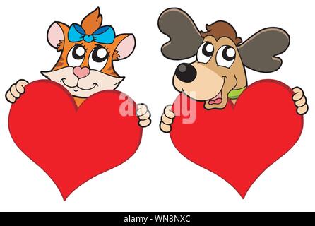 Süße Katze und Hund mit roten Herzen Stock Vektor
