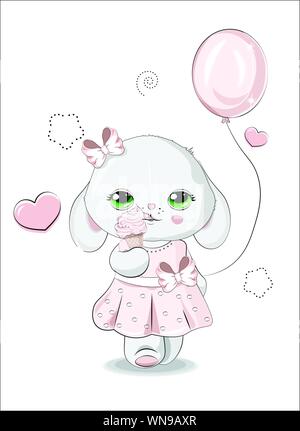 Das schöne Mädchen Honey Bunny, Kaninchen, in ein rosa Kleid mit einem Ballon und Eis. Können für den t-shirt Druck verwendet werden, Kinder tragen Fashion design, Baby sh Stock Vektor