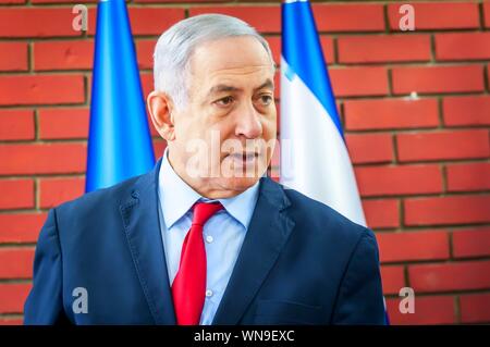 TEL AVIV, Israel. August 14, 2019. Israelischer Ministerpräsident Benjamin Netanjahu (Binyamin Netanyahu) Während der Besprechung mit Journalisten aus Israel Stockfoto