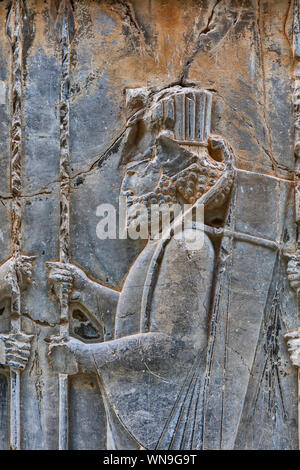 Relief, Apadana Palace, Persepolis, zeremoniellen Hauptstadt des achämenidischen Reichs, Provinz Fars, Iran Stockfoto