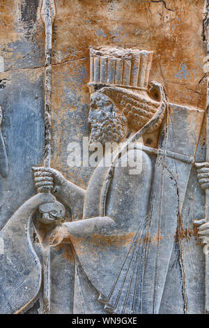 Relief, Apadana Palace, Persepolis, zeremoniellen Hauptstadt des achämenidischen Reichs, Provinz Fars, Iran Stockfoto