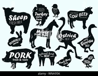 Bauernhof Tiere logo Vintage strukturierte Vorlagen. Im Retrostil Tiere Silhouetten von Pferd, Türkei, Kuh, Huhn, Kuh, Schaf, Strauß, Gans, Ente, Schwein, Lamm und Kaninchen. Kann für Banner verwendet werden Stock Vektor