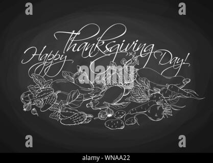 Schwarze Kreide Platine mit weißem Skizze von Gemüse. Happy Thanksgiving Day Beschriftung für die plakatgestaltung oder Grußkarten und Banner Stock Vektor