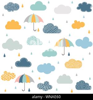 Nahtlose Muster mit Wolken, Regen und Regenschirm Stock Vektor