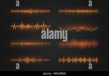 Schallwellen Icon Set. Leuchtende Linien der Darstellung eine Ton- oder Radio wave, Musik Equalizer oder digitale Elektrokardiogramm, GUI-Design element Vorlage. Isoliert Stock Vektor