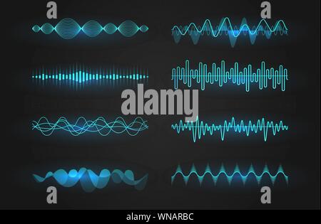 Schallwellen Icon Set. Leuchtende Linien der Darstellung eine Ton- oder Radio wave, Musik Equalizer oder digitale Elektrokardiogramm, GUI-Design element Vorlage. Isoliert Stock Vektor